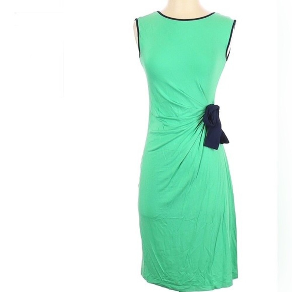 Carole Little Kelly green and navy ruched tie side dress size small